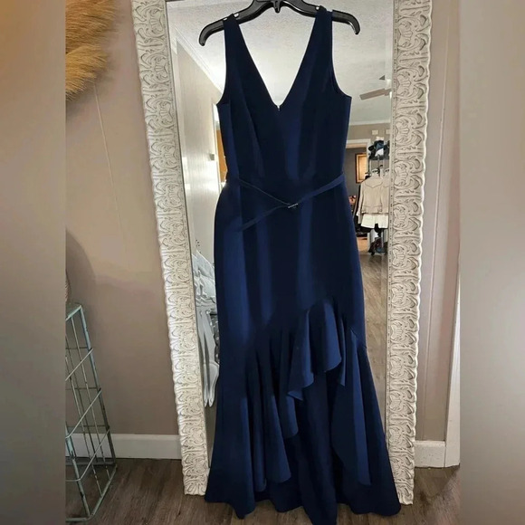 Eliza J • Sleeveless V-Neck Belted High Low Asymmetrical Gown - Picture 4 of 16